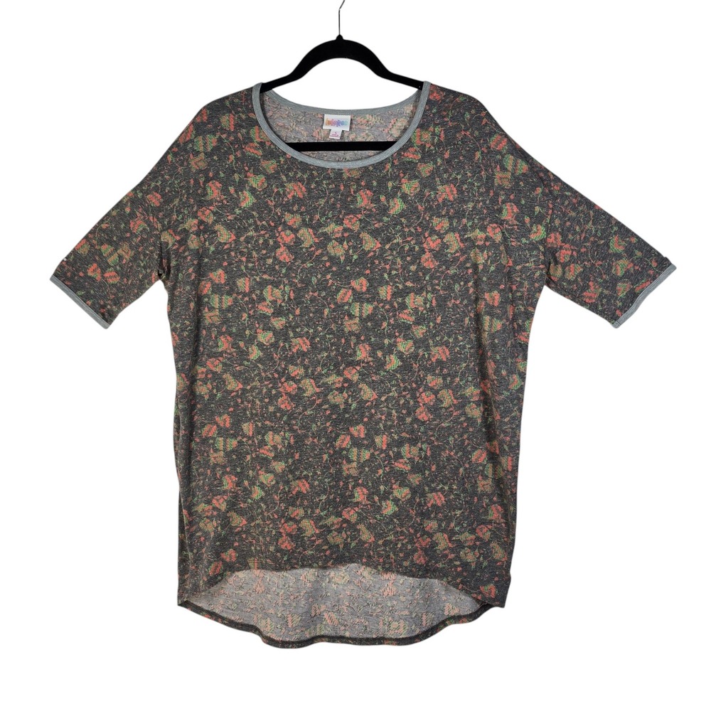 LuLaRoe Irma Tunic Top Womens Small Floral High Low Half Sleeve Charcoal Grey‎